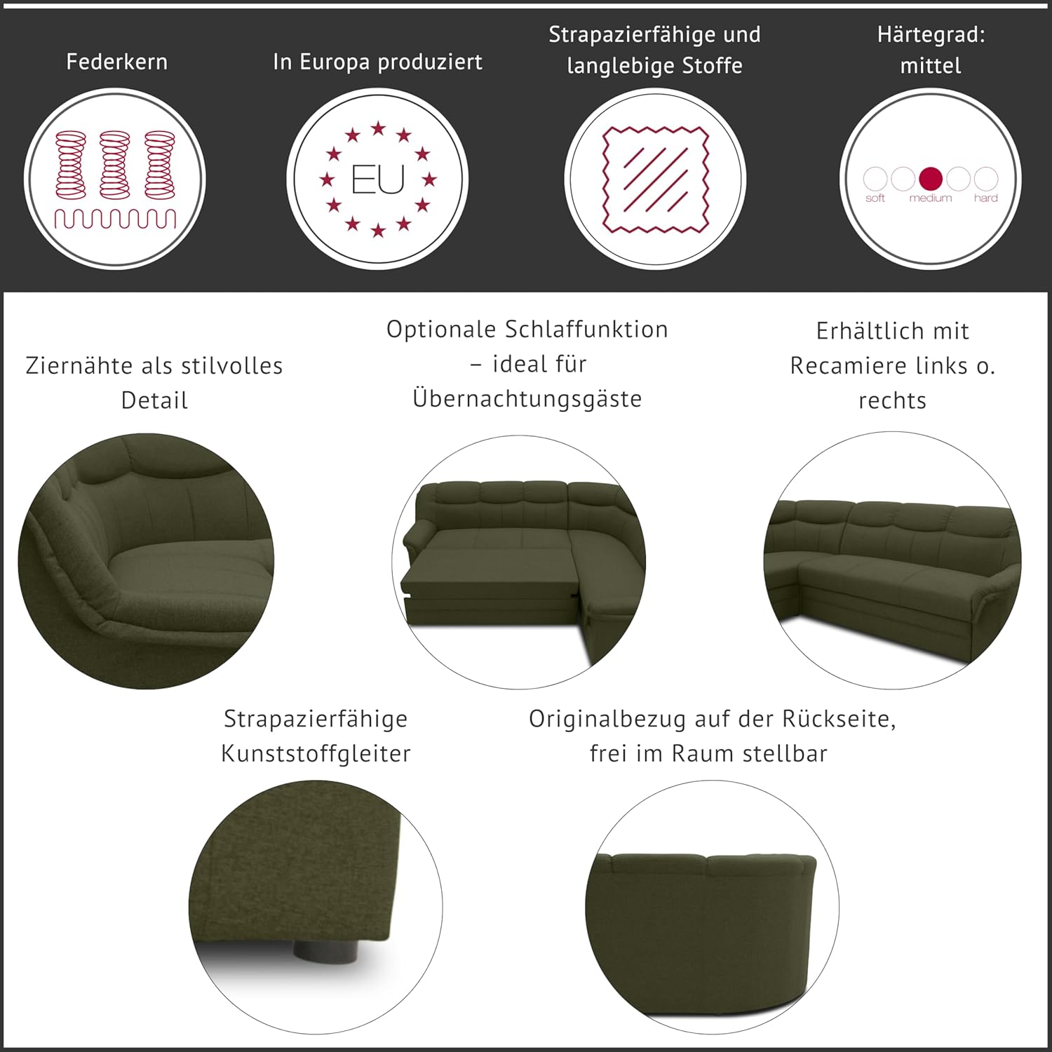 DOMO. collection Ecksofa Berlin, Zeitlose Eckcouch mit hochwertiger Federkern-Polsterung, Sofa in L-Form, 3 Sitzer Links, Couch 205 x 250 x 89 cm, Silber