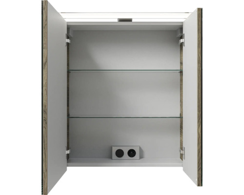 Pelipal Sunline 121 badkamermeubelset (B x H x D 61 x 200 x 46 cm), Ribbeck eiken fronten, met mineraal gegoten wastafel, badmeubel met 3 laden en spiegelkast met LED-verlichting