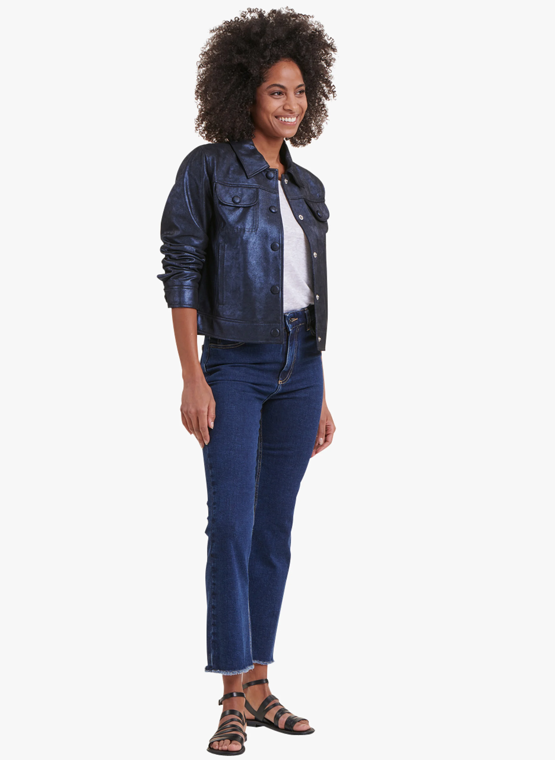 Veste col chemise en cuir| Bleu