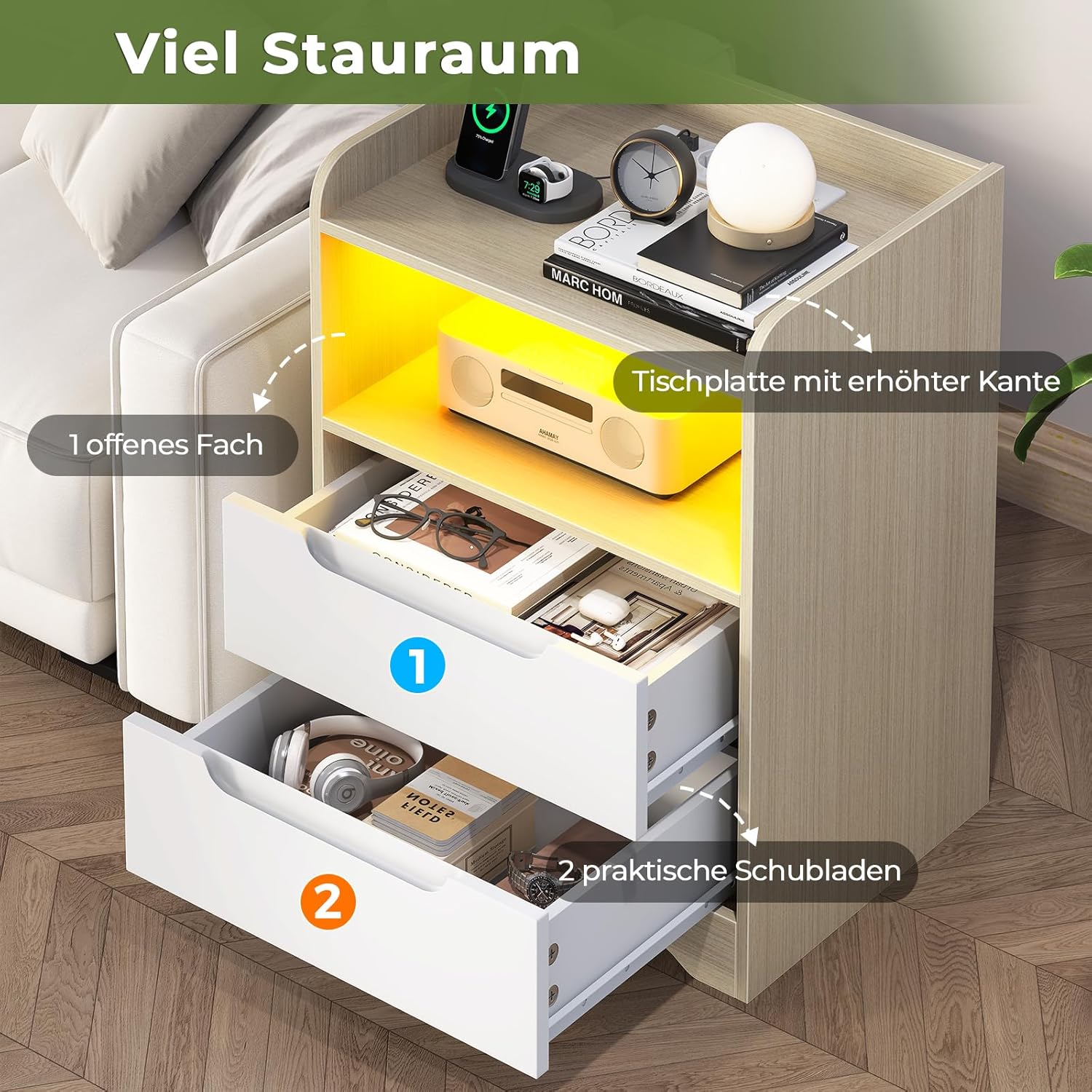 Nachttisch 2er Set mit Ladefunktion und LED-Licht Nachtschrank 2er Set mit 2 Schubladen und 1 Offenes Fach Beistelltisch für Schlafzimmer, Wohnzimmer, Einfache Montage, Modern, Hell Eiche