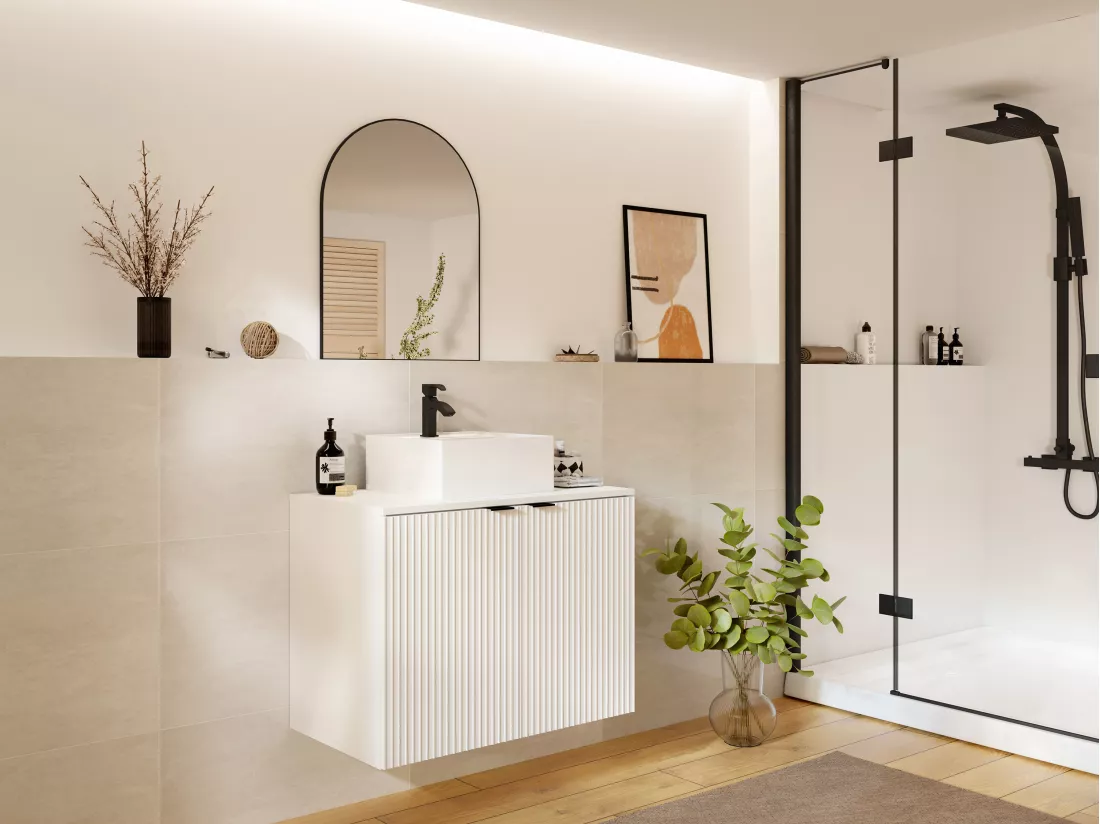 Meuble de salle de bain suspendu strié avec vasque à poser - Blanc - 80 cm - PARMIZA