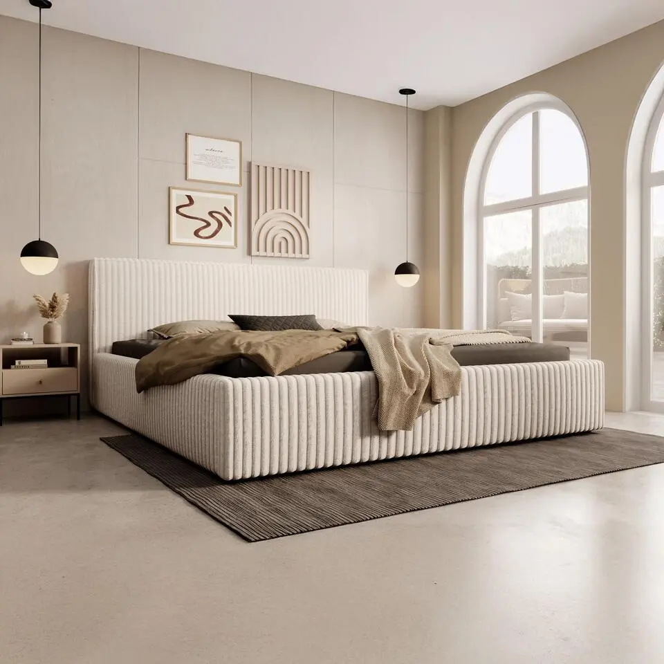 Meubella - Tweepersoonsbed Infinity - Beige - Fluffy ribstof - 180x200 cm