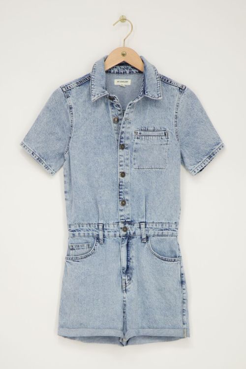 Blauwe denim playsuit met borstzak