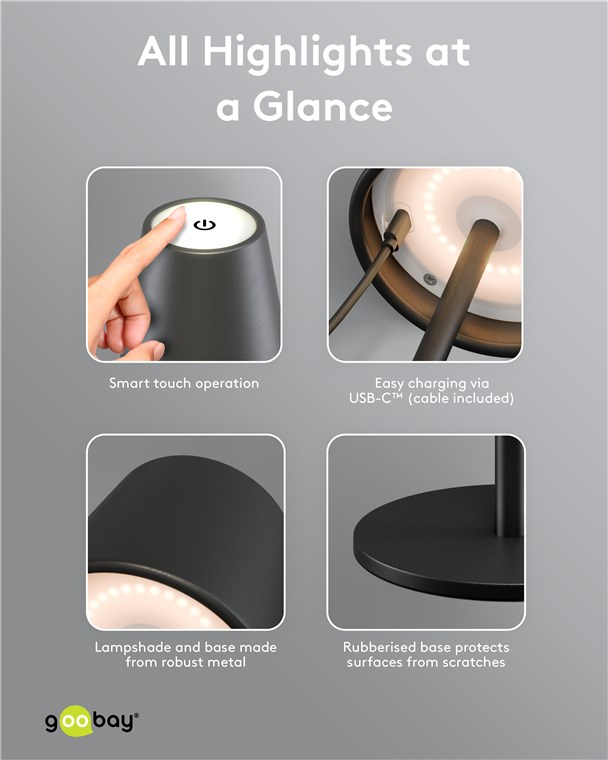 (37x11cm) LED Akku Tischleuchte Home Deko Nachttisch Lampe Kabellose Beleuchtung mit Touch Steuerung IP44 (77673) - Schwarz / Warmweiss