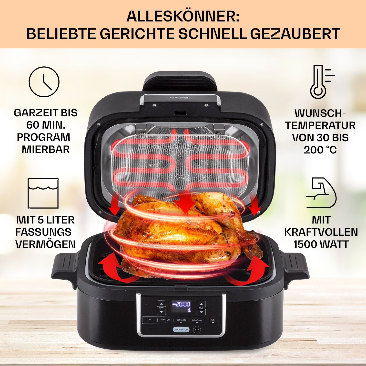 Combo Air Grill-Heißluftfritteuse 5 Programme 1500 Watt 4,5 L Grillkorb 2,5 L Frittierkorb Schwarz