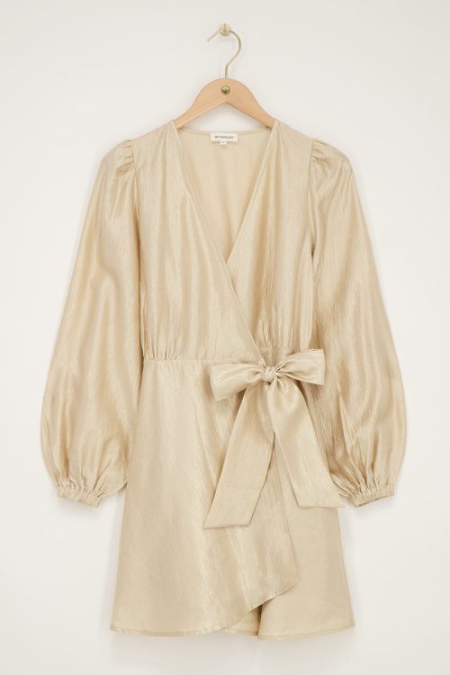 Taupe jurk met overslag satijnen look