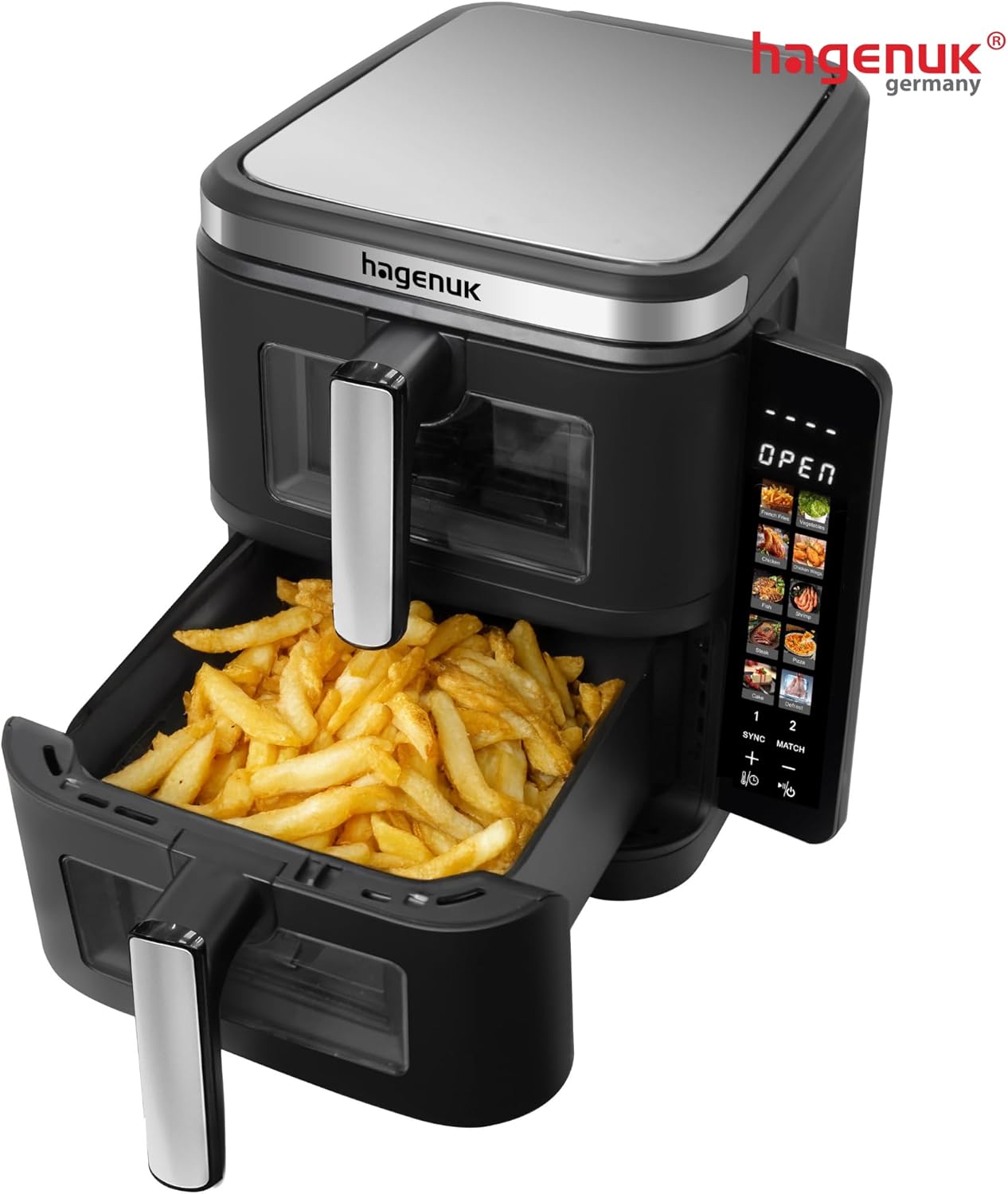 Premium Doppel-Heißluftfritteuse 2×5,5L mit Sichtfenster, 10 Programmen, Grill-Einsatz, Touchdisplay, Sync-Match-Funktion, 2800W, Modell DAF 2800.12 Designed in Germany