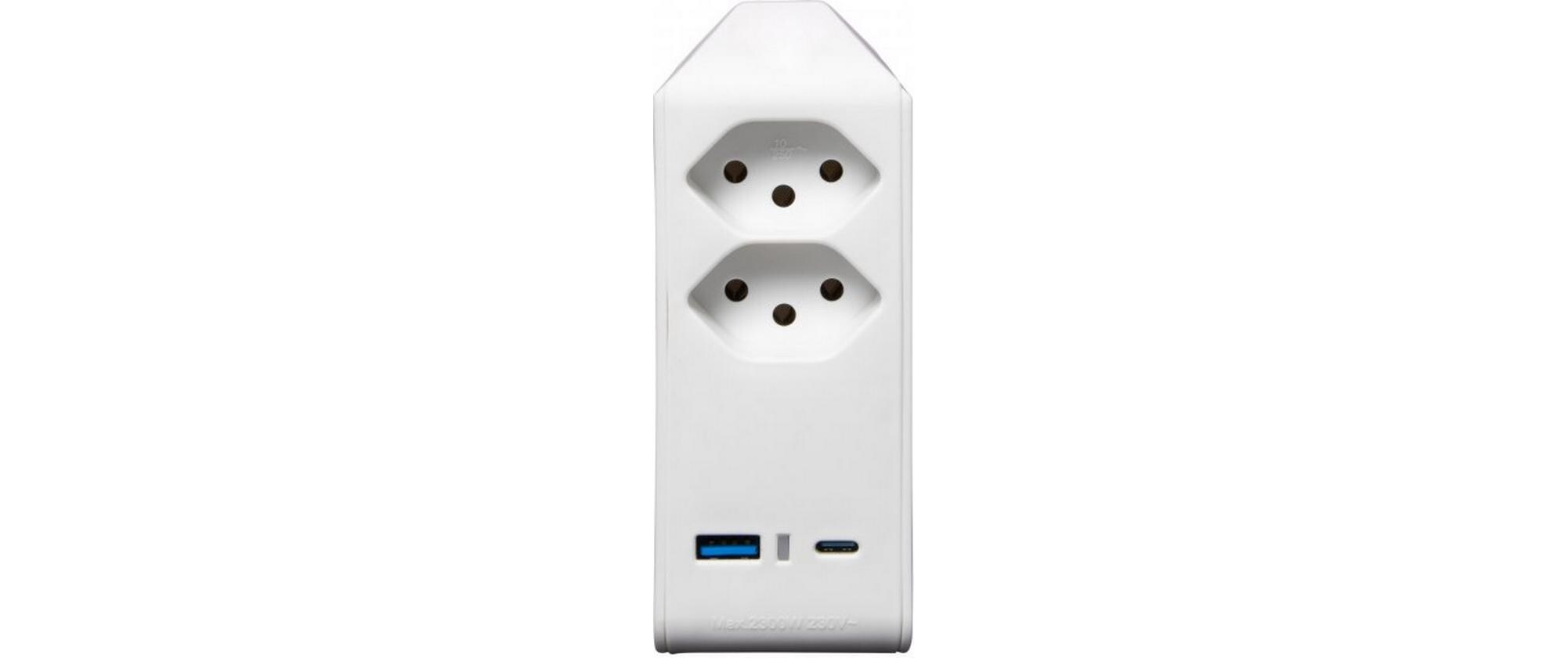 Abzweigstecker 2 x T13, 1 x USB A, 1 x USB C, 300° drehbarStabiler, formschöner Mehrfachstecker ohne Schalter aus hochbruchfestem Kunststoff