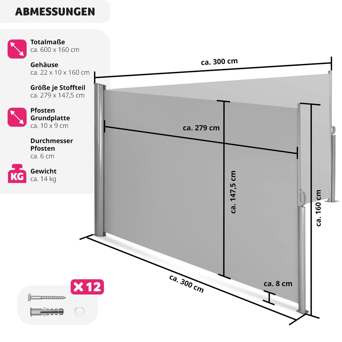 Dubbele zijluifel tectake van aluminium 160 x 600 cm