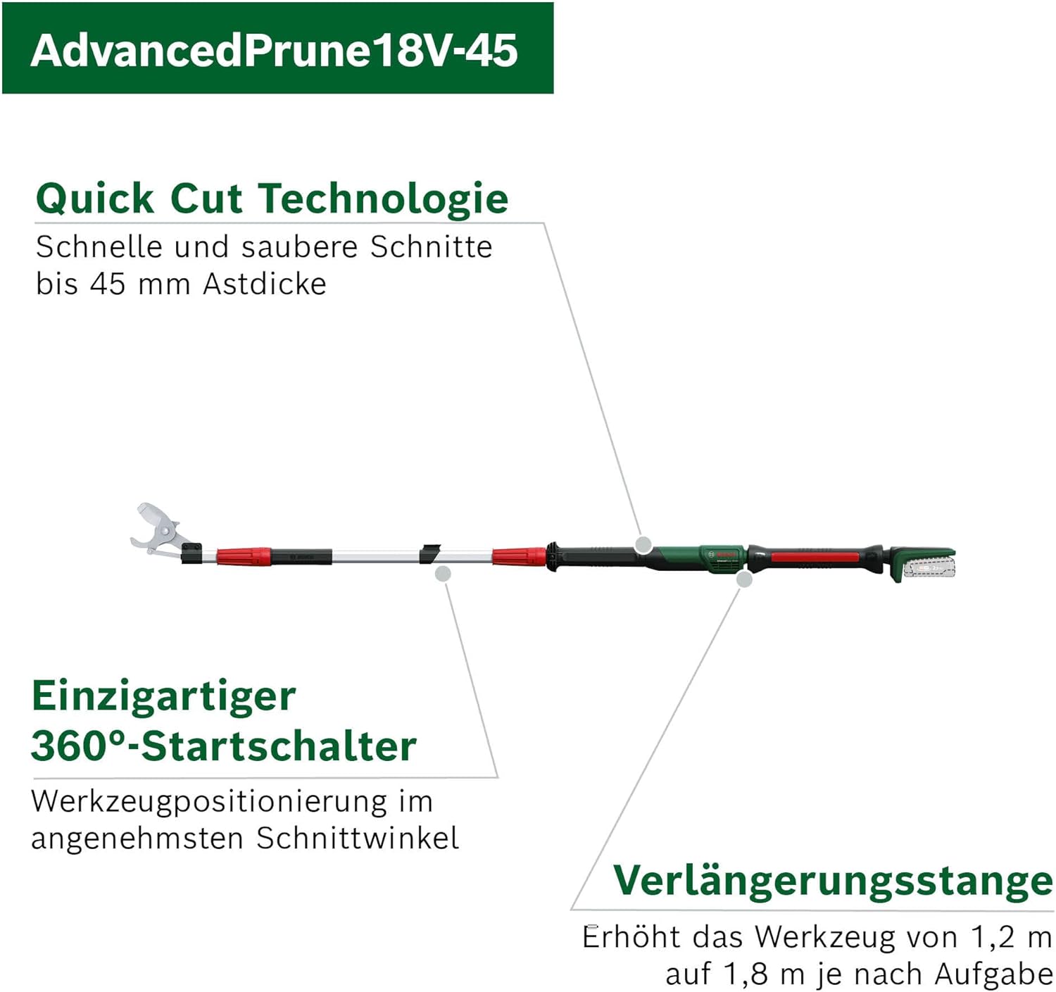 Bosch Akku-Gartenschere AdvancedPrune 18V-45 (für müheloses Schneiden von Ästen bis 45 mm; 18-Volt-System; bis zu 600 Schnitte; mit Verlängerungsstange, ohne Akku oder Ladegerät)