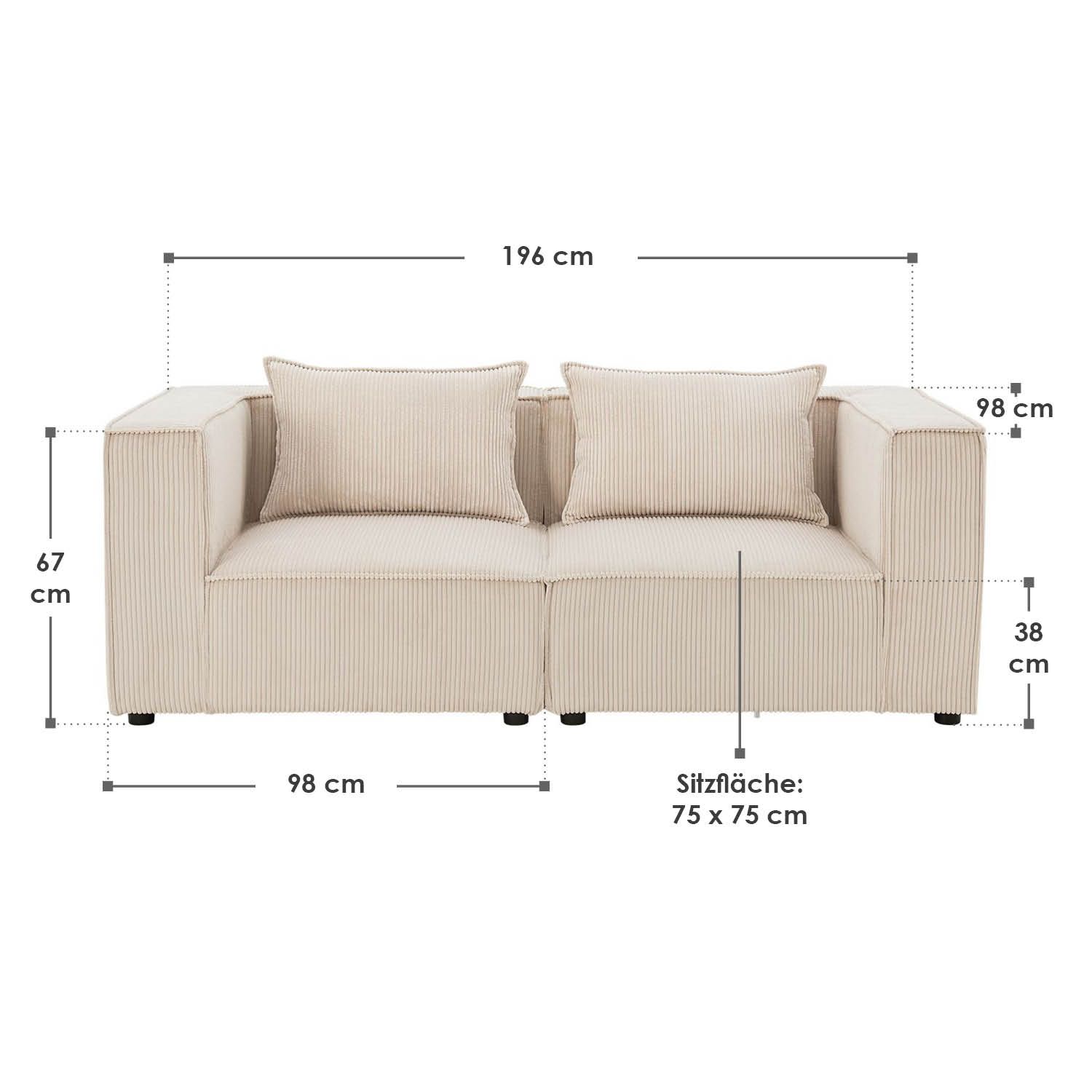 Juskys modulares Sofa Domas S - Couch Wohnzimmer - 2 Sitzer mit Lehnen & Kissen - Cord Beige