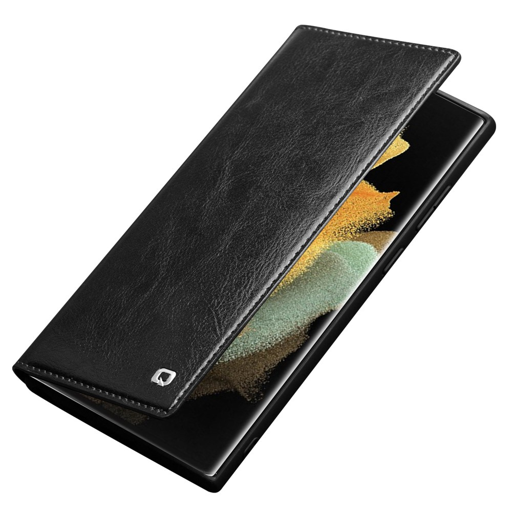 Samsung Galaxy S23 Ultra 5G Echtleder Tasche Flip Cover mit Kartenfächer - Schwarz