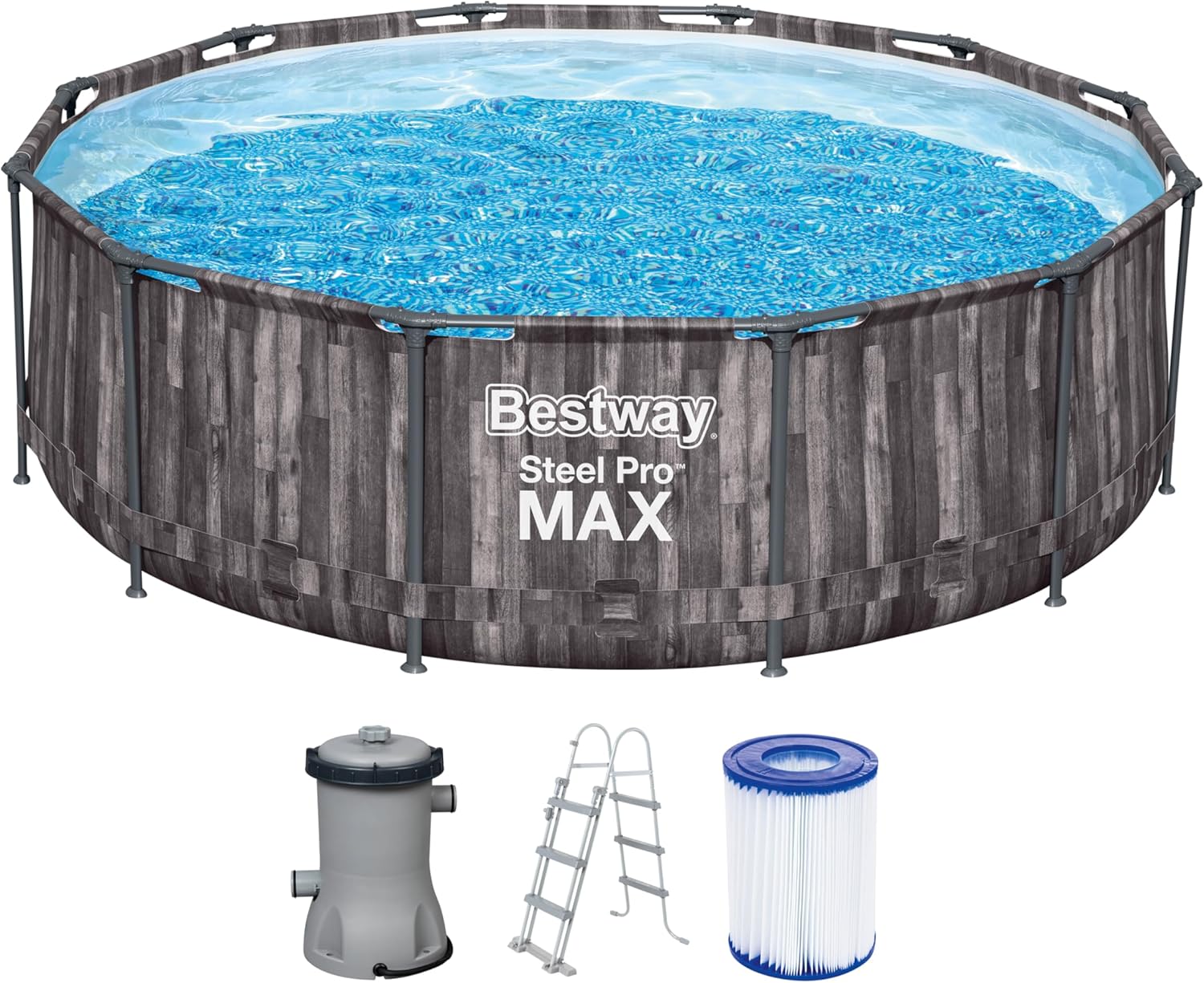 Bestway Steel Pro MAX Frame Pool-Set mit Filterpumpe Ø 366 x 100 cm, Holz-Optik (Mooreiche), rund