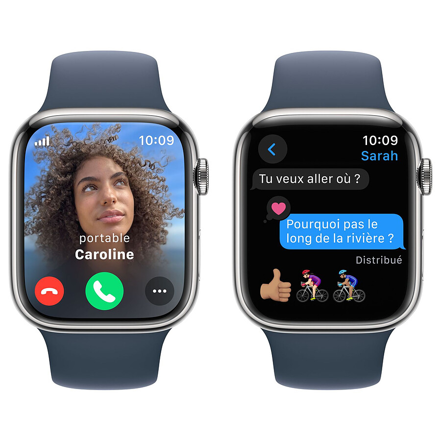 Apple Watch Series 9 GPS + Cellular - Acier Inoxydable Argent - Bracelet Sport Band Bleu - 41 mm - Taille M/L