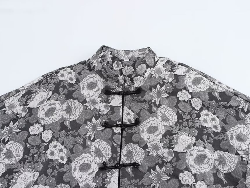 Cumulys - Blouse met lange mouwen en opstaande kraag en bloemenjacquard