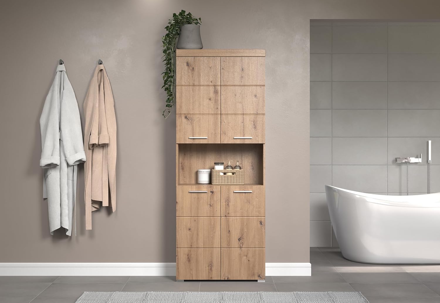trendteam smart living - Amanda - Hochschrank - Eiche - Badezimmerschrank breit mit 4 höhenverstellbaren Einlegeböden - (BxHxT) 73 x 190 x 31 cm - 8 Fächer und eine große Ablage - Kratzfest