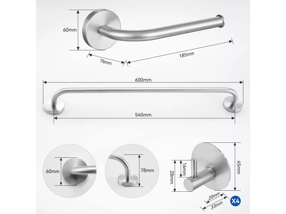 Robinet Baignoire Cascade Auralum max,Chromé,avec Douchette 5 Fonction,Mitigeur en Laiton+Ensemble Salle Bain Accessoire 6 Pièces,Inox,Brossé