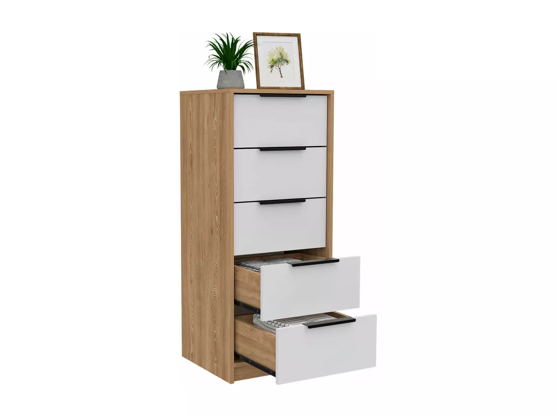 Coffre à 5 tiroirs Kaia, avec poignées en métal , 107.69 cm X 44.95 cm X 41.14 cm , White / Honey