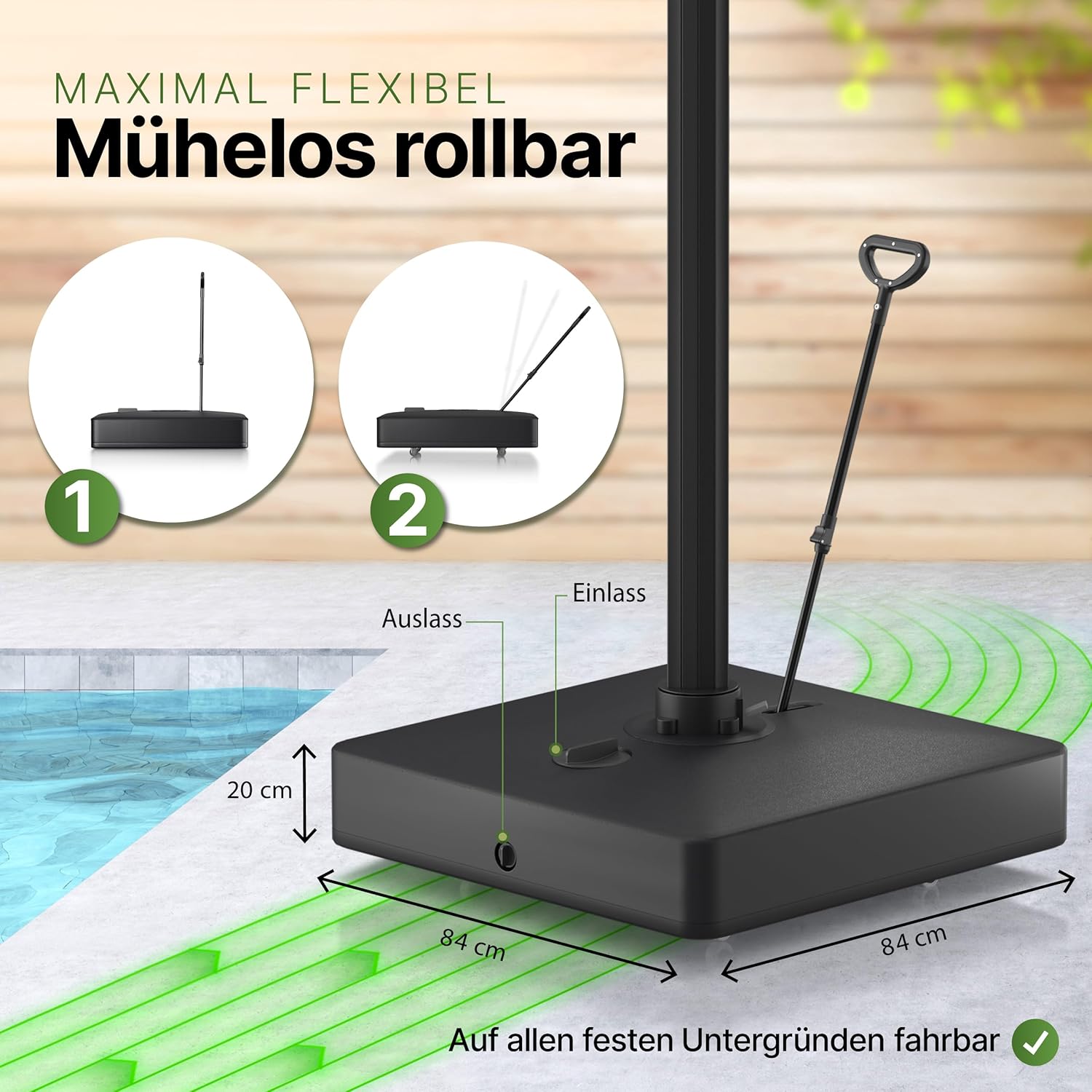 Gartenzeit® Sonnenschirmständer, befüllbar, rollbar, 162kg, Maße 84x84x21cm, Patent, schwarz, Sonnenschirmständer mit Rollen für große Ampelschirme u. Sonnenschirme, fahrbar, mobil