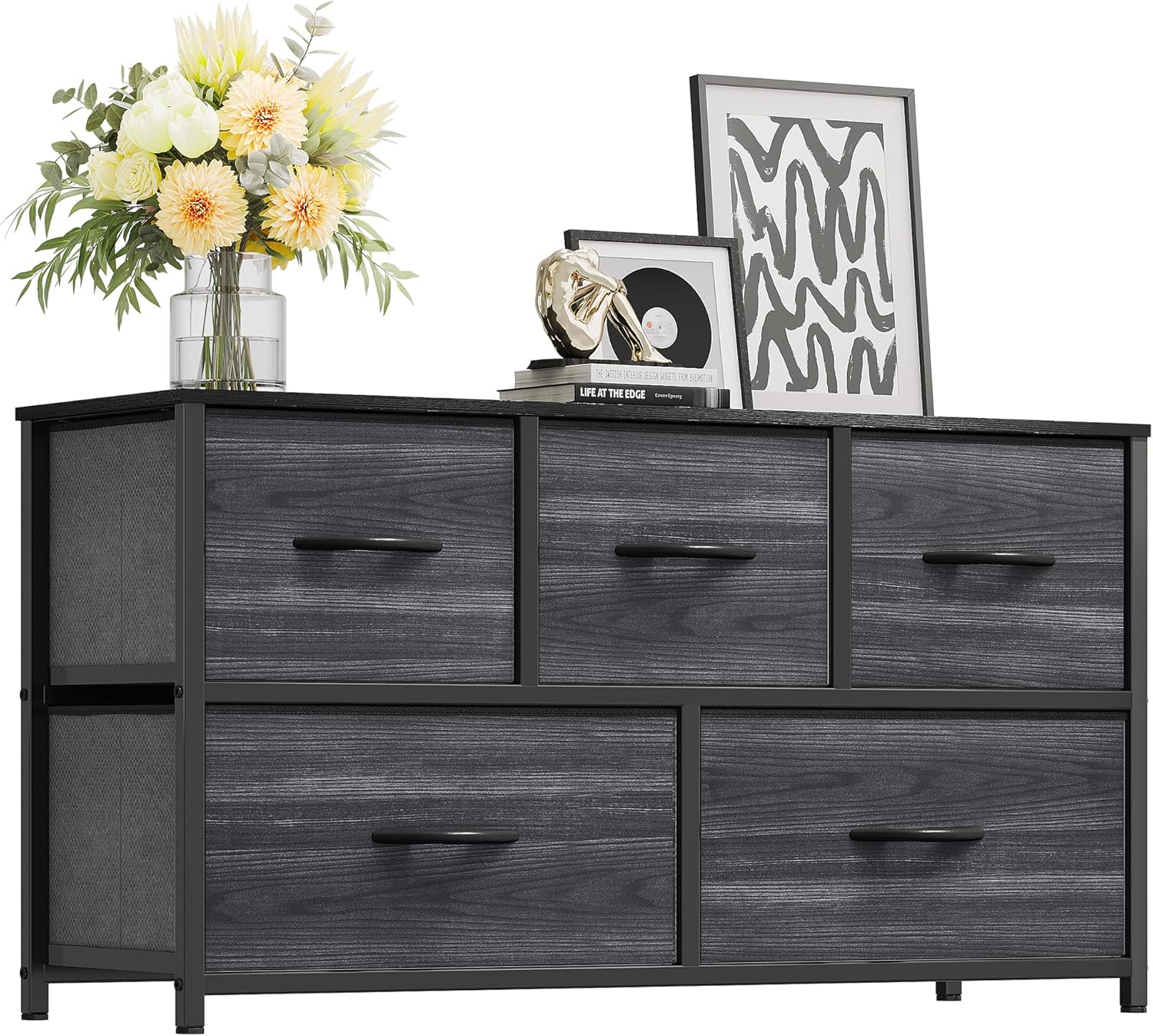 YITAHOME Kommode, Schrank, Aufbewahrungsschrank, 5 Schubladen aus Stoff mit Griffen, Aufbewahrungskommode, Schwarze Holzmaserung