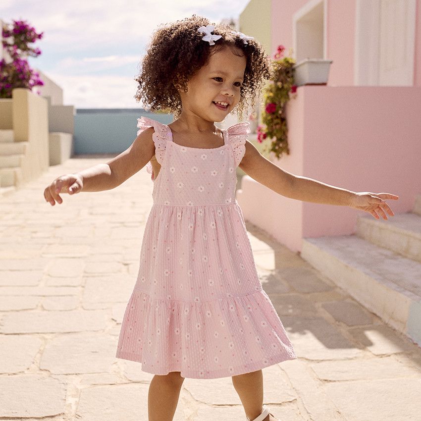 Robe manches courtes imprimée en maille cloquée pour bébé fille - Rose