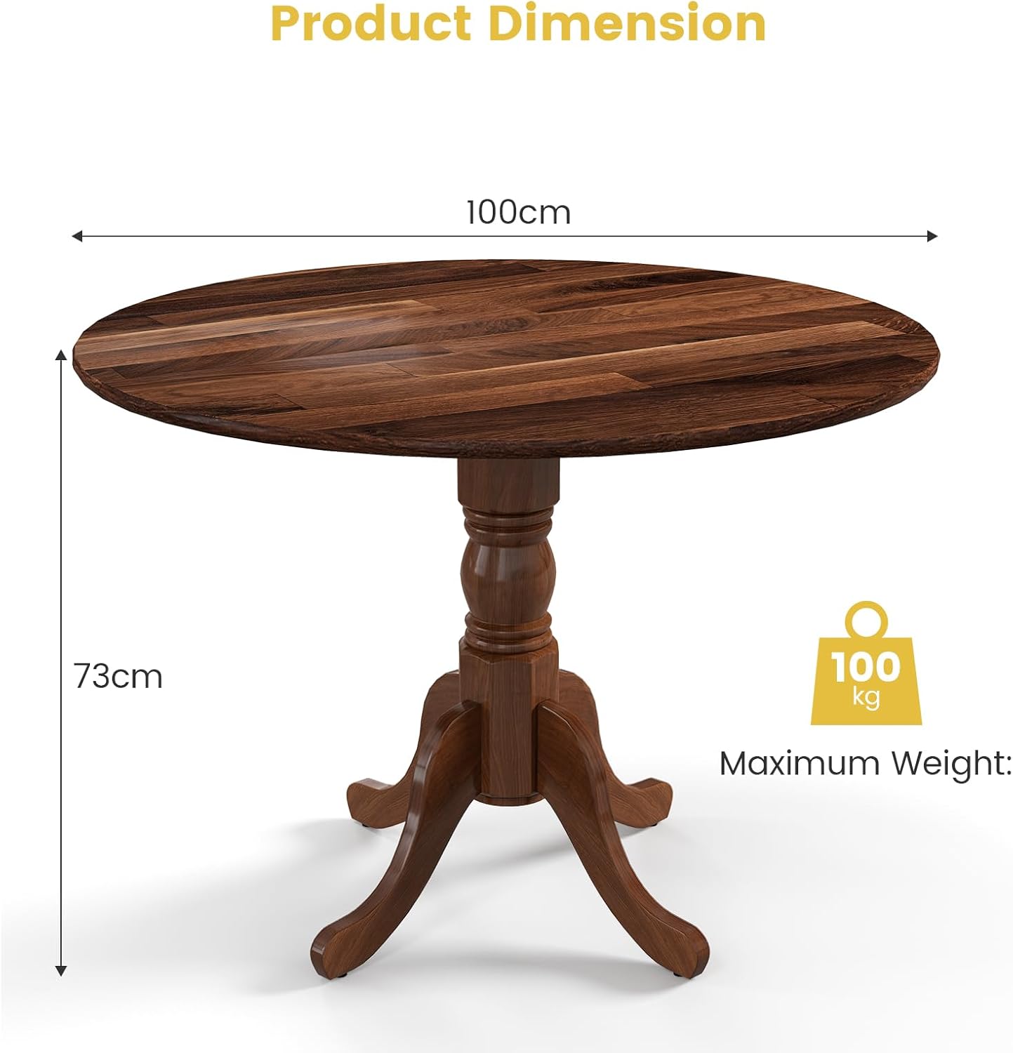 GIANTEX Esstisch Rund 100 cm, Küchentisch aus Massivholz, Esszimmertisch für 4 Personen, Holztisch Esszimmer, Dining Table, für Esszimmer Küche, 100 x 100 x 73 cm (Walnuss)