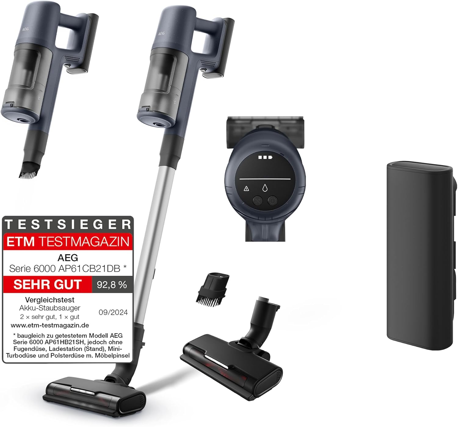 AEG 6000 Akku-Staubsauger & Zusatz Akku / 103.000 U/Min / 175.000 dPa/Digitalmotor/Kabellos/bis zu 99% Staubaufnahme/verlängerte Laufzeit/Entnehmbarer 21,6 V Akku / AP61CB21DB & ZE186