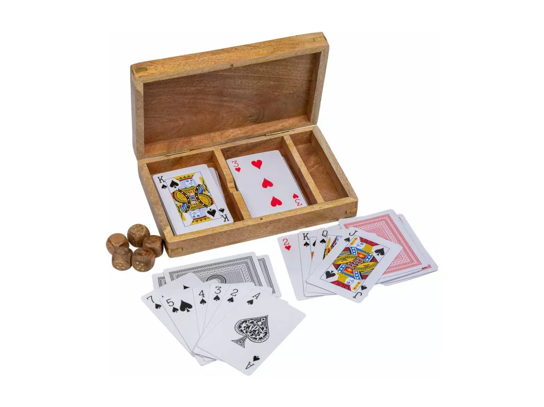 eu 2 en 1 (cartes+dés) dans une boîte en bois marron 19,5x12x4h