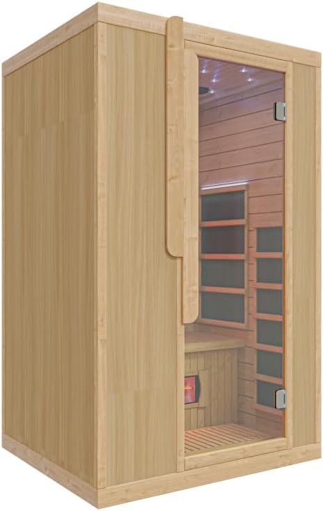 Infrarotkabine 2 Personen | Hemlockholz natur | 125x105x200cm | Ganzglastür Klarglas | Redlight & Mica-Heizung 2,05kW | Fronteinstieg | Wärmekabine für Zuhause | MP3 & Becherhalter