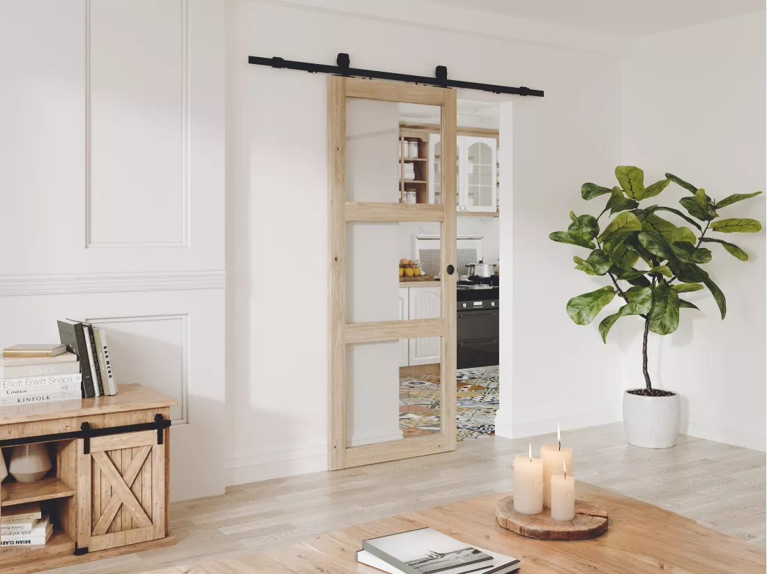 Porte coulissante avec système en applique en bois et verre trempé - 3 fenêtres - H205 x L73 cm - ACOSTA II