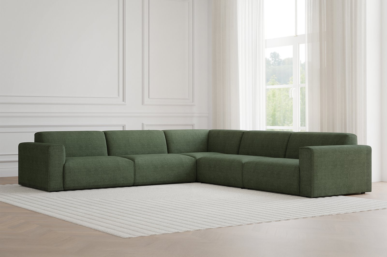 Monaco Lux hjørnesofa 33 hjørnesofa. Tekstil Fjord 11 Winter Moss med sorte ben. Lux komfort.