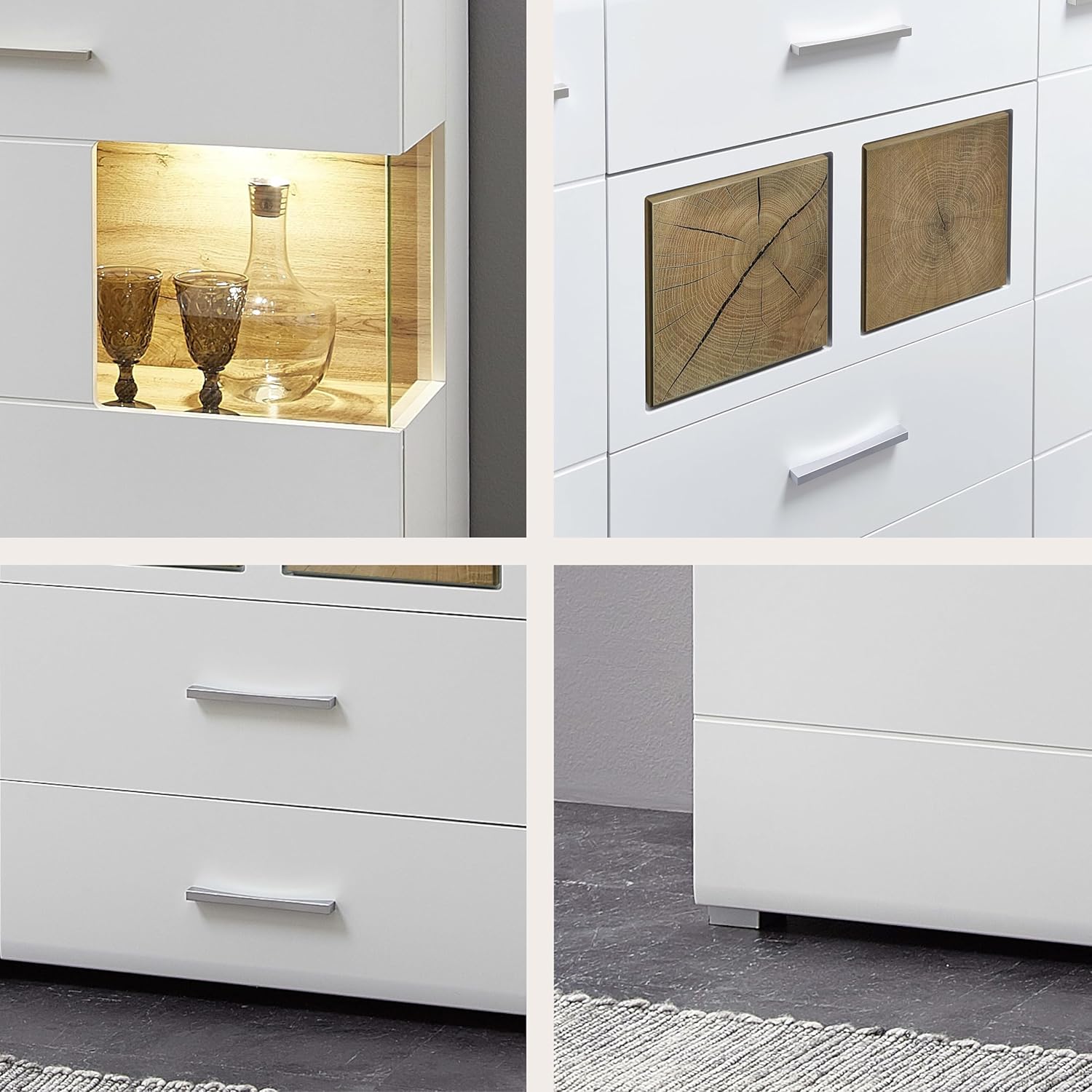 Stella Trading Fun Plus Sideboard weiss mit schönen Hirnholz-Applikationen - Moderne Kommode inkl. LED Beleuchtung - 170 x 94 x 42 cm (B/H/T)