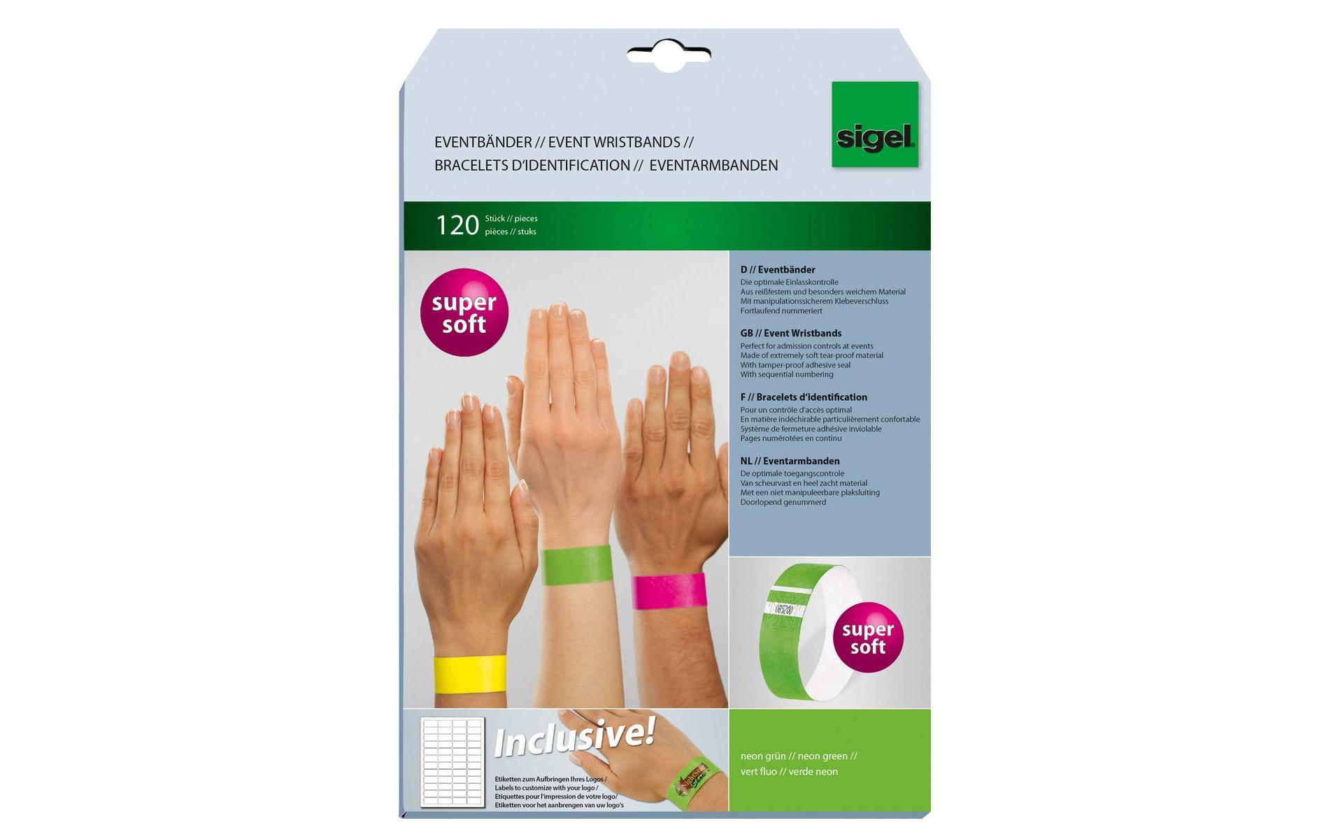 Eventbänder Super Soft 25.5 x 2.5 cm, 120 Blatt, Neon GrünEintrittsbänder ideal zur diskreten Einlasskontrolle