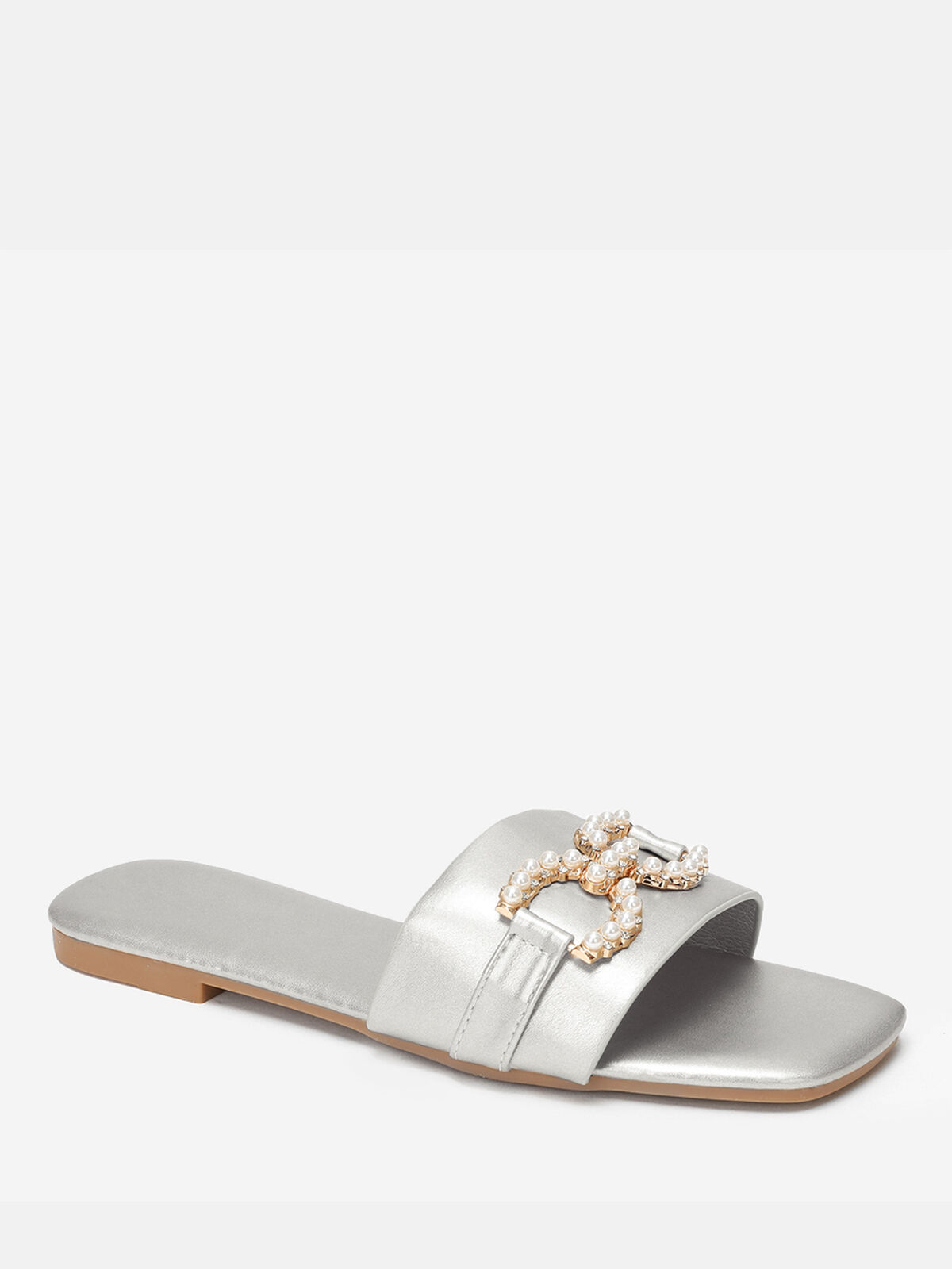 Mules avec bride à perles et strass- Argenté