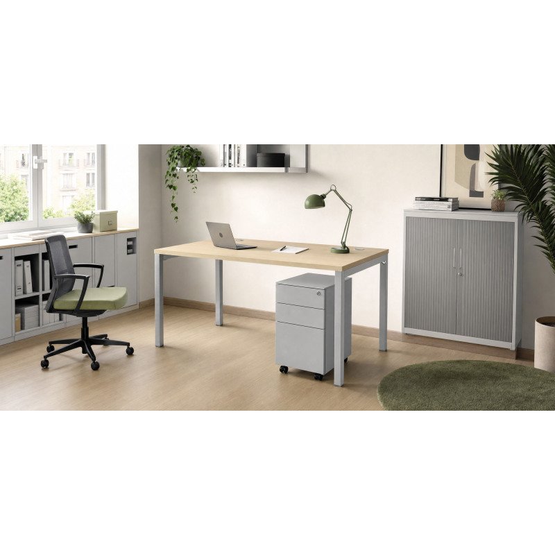 Pack bureau L 120 cm Squadra chêne clair + caisson mobile 3 tiroirs petite largeur aluminium Bruneau