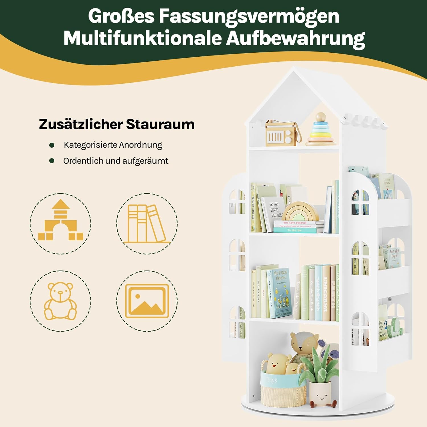WOLTU Drehbares Bücherregal Kinder, Kinderregal Kinderbücherregal, Mit 4 Ebenen 2 Seitenregalen, Regal Hausform, 63x125x59 cm, Weiß