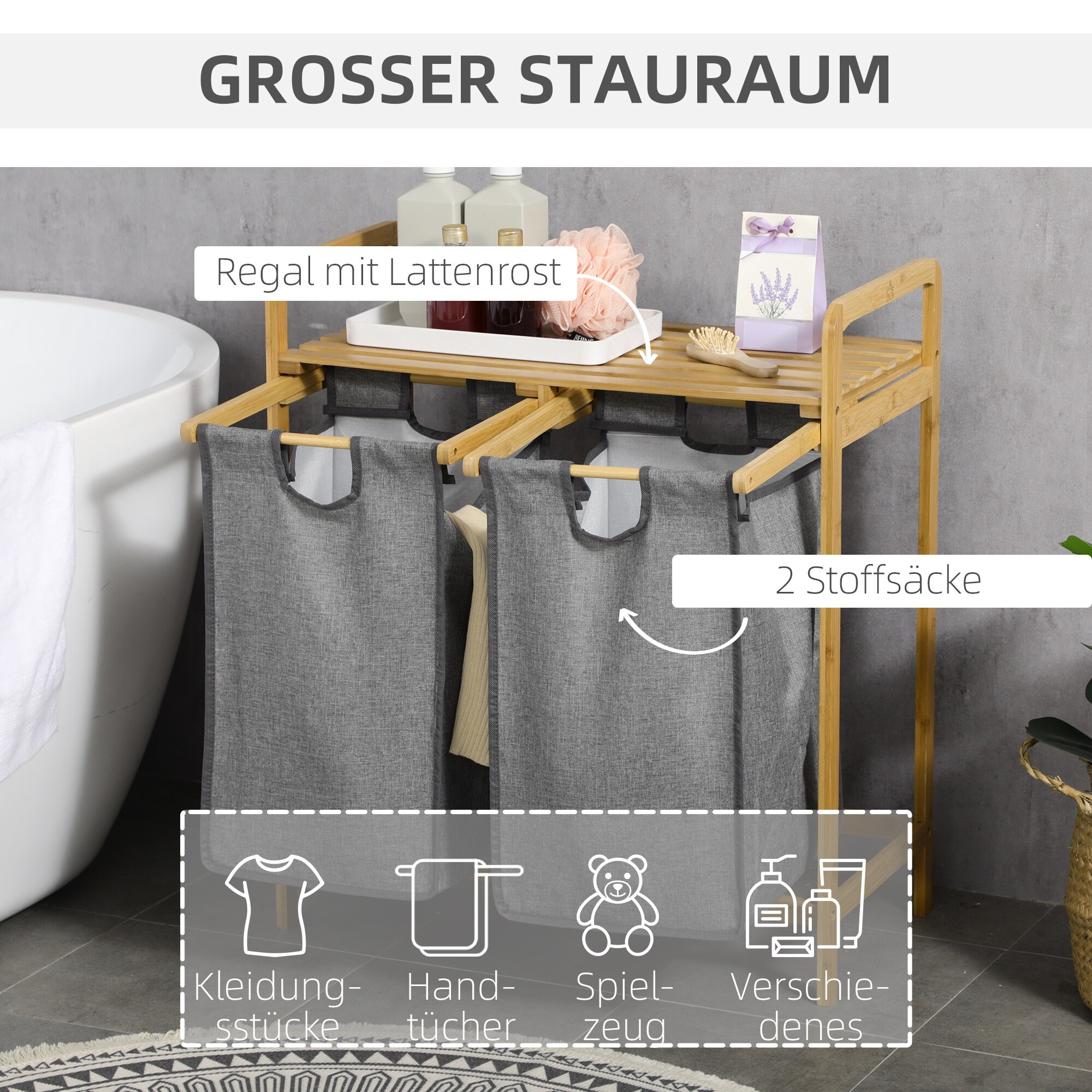 HOMCOM Wäschekorb mit 2 separate Wäschesäcken grau 63,5L x 33B x 73H cm