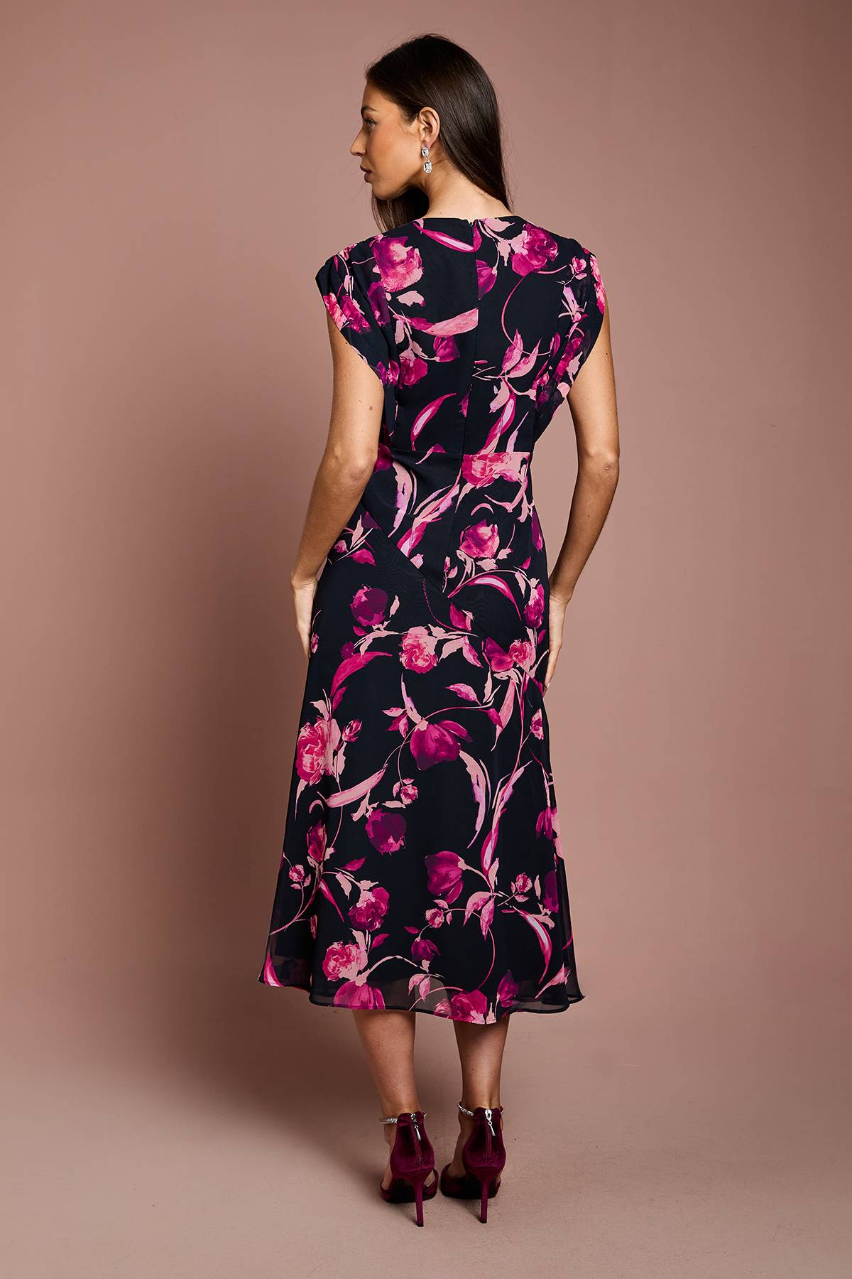Coast Robe Midi en Mousseline Florale à Manches Courtes