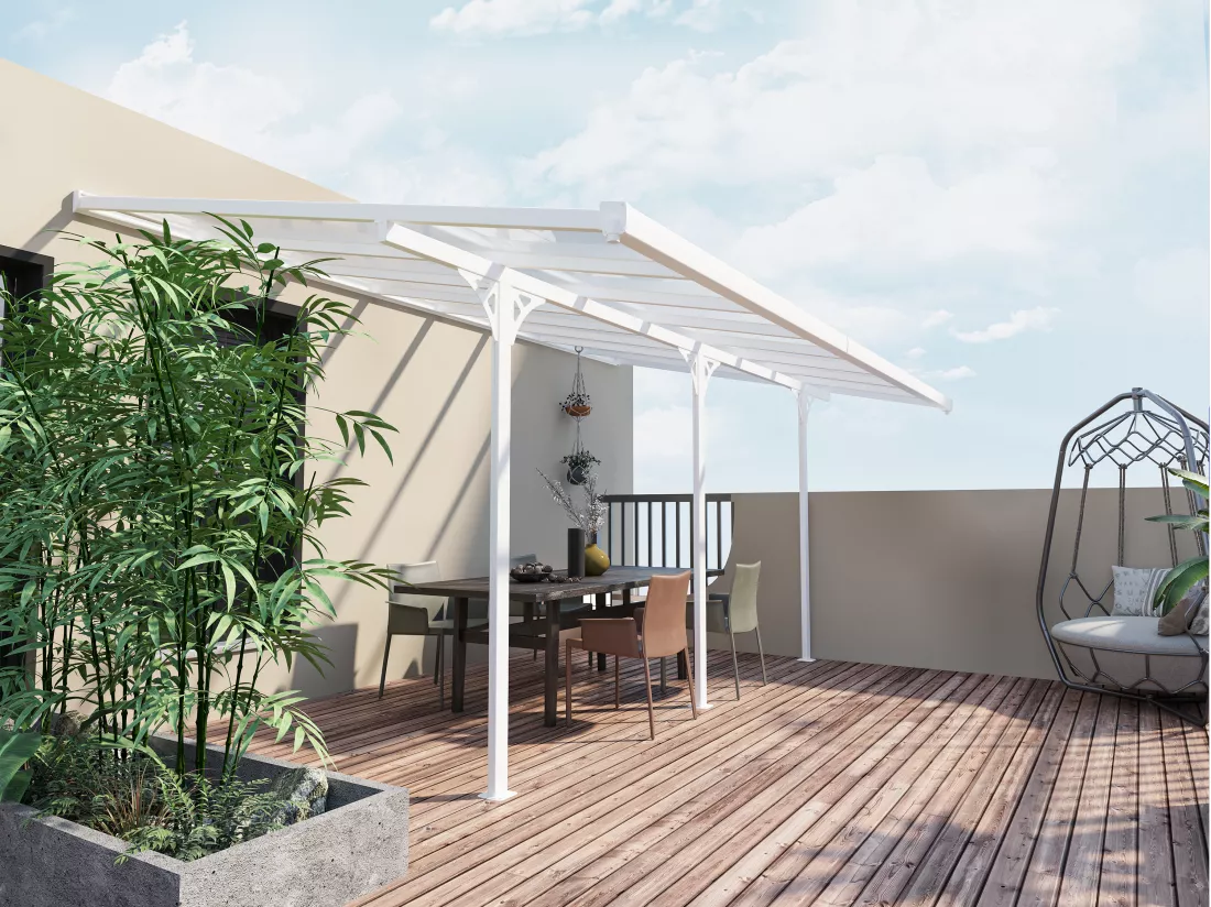 Carport pergola adossé en aluminium 15,1 m² blanc ALVARO