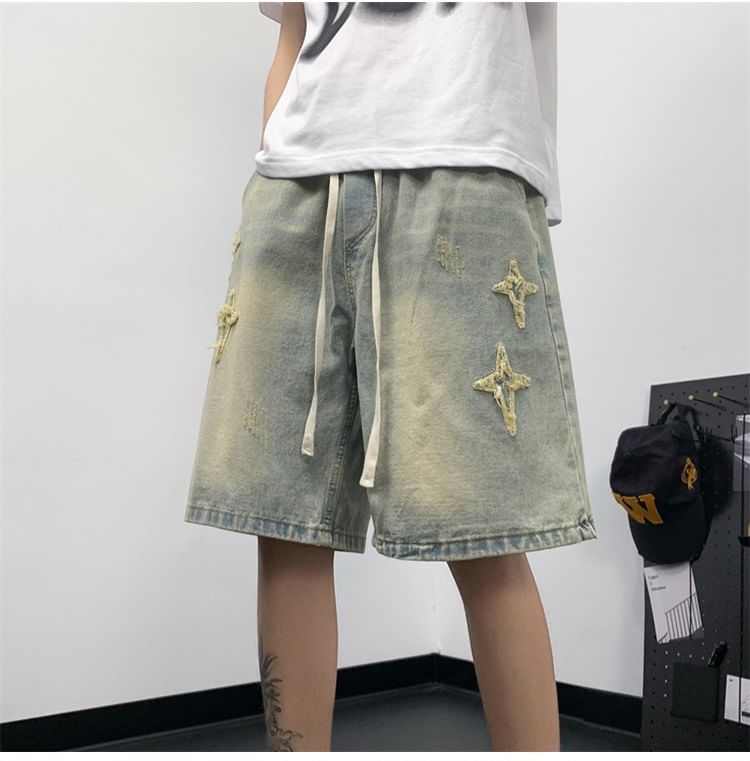 Hushgrain - Gewassen denim shorts met trekkoord en sterrenapplicatie