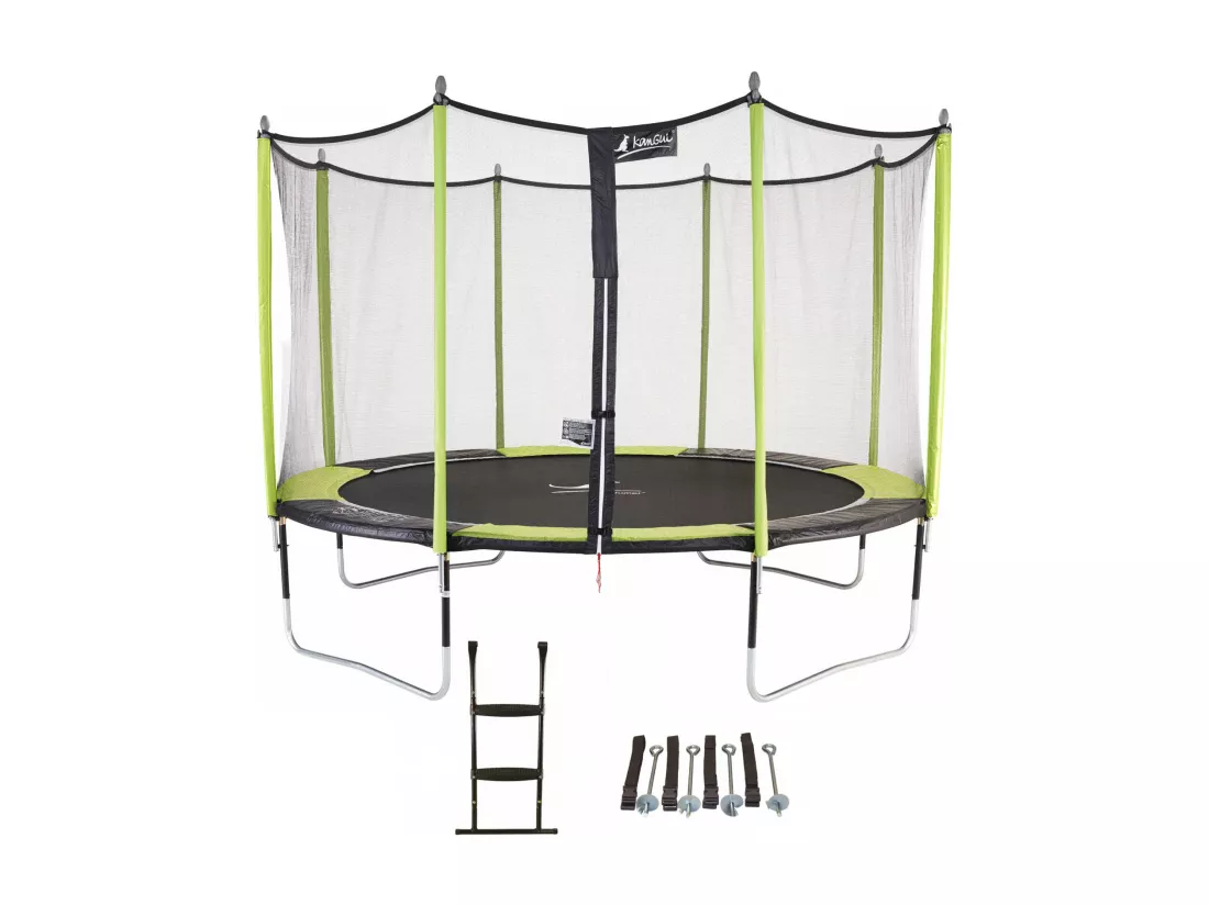 Kangui - Trampoline de jardin 426 cm + filet de sécurité + échelle + kit d'ancrage JUMPI Vert/Noir 430