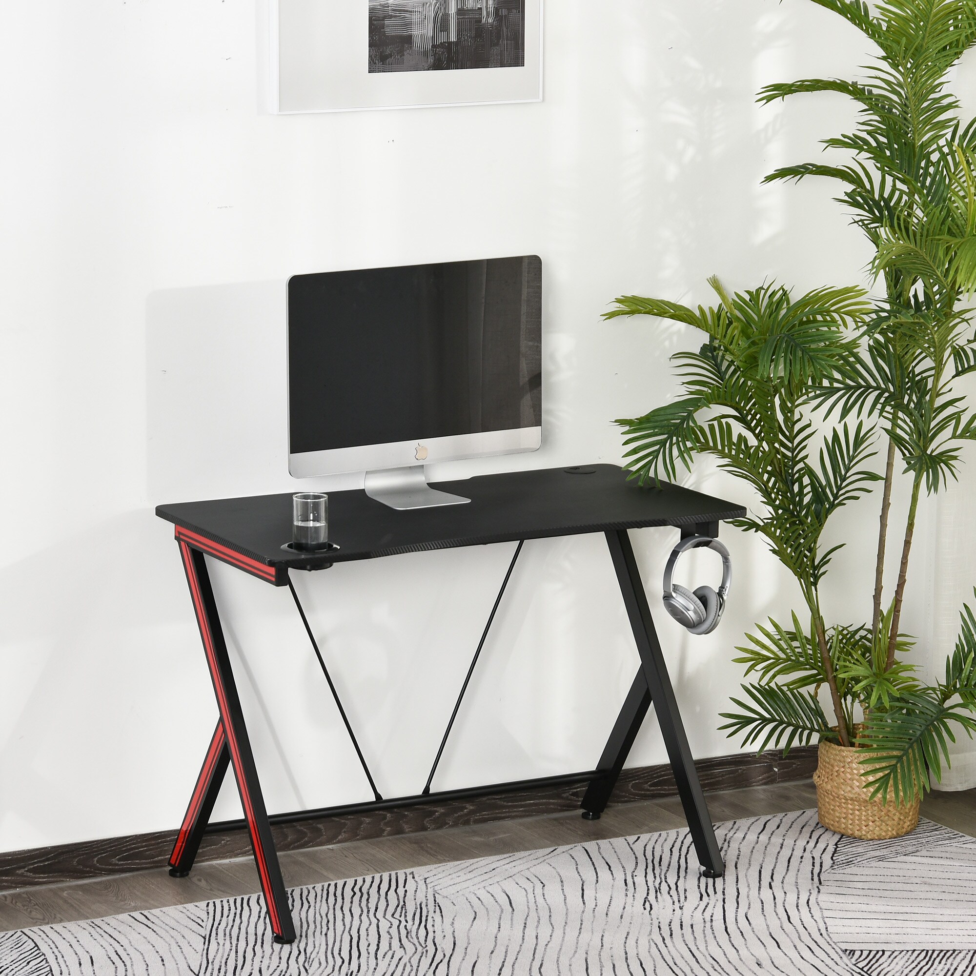 HOMCOM Gamingtisch mit Headset-Haken und Getränkehalter schwarz 105 x 55 x 75 cm (LxBxH)