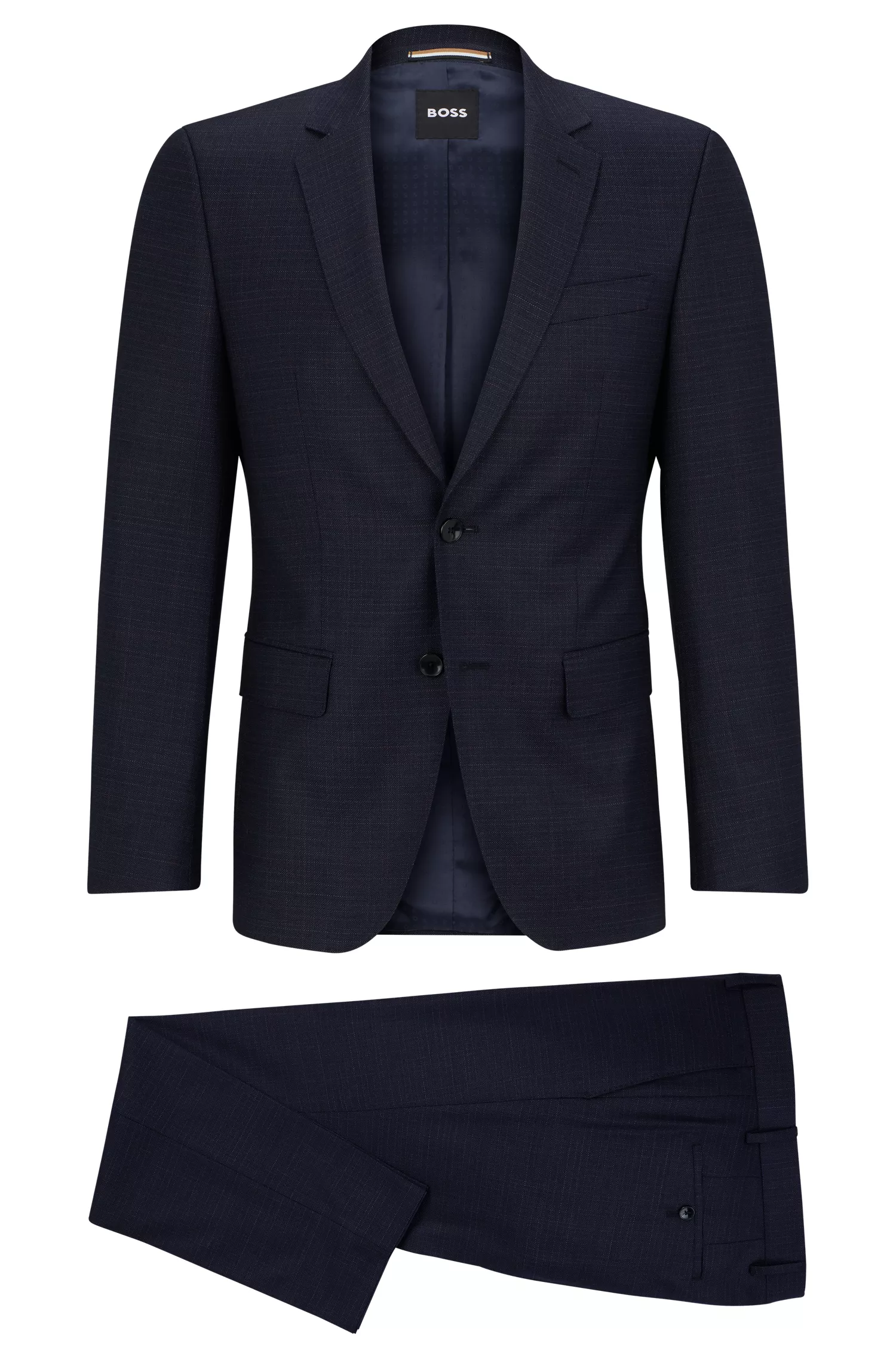 Terno BOSS preto slim fit em lã elástica xadrez.