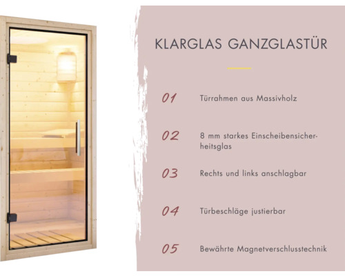 Karibu Carina modulaire sauna zonder oven, met dakkroon en volledig glazen deur van helder glas
