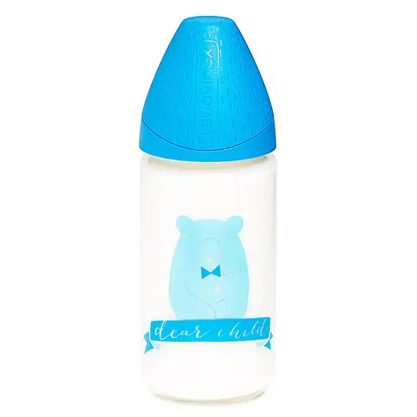 Mamadeira de vidro Suavinex Meaningful Life, azul, com capa de silicone, 240ml