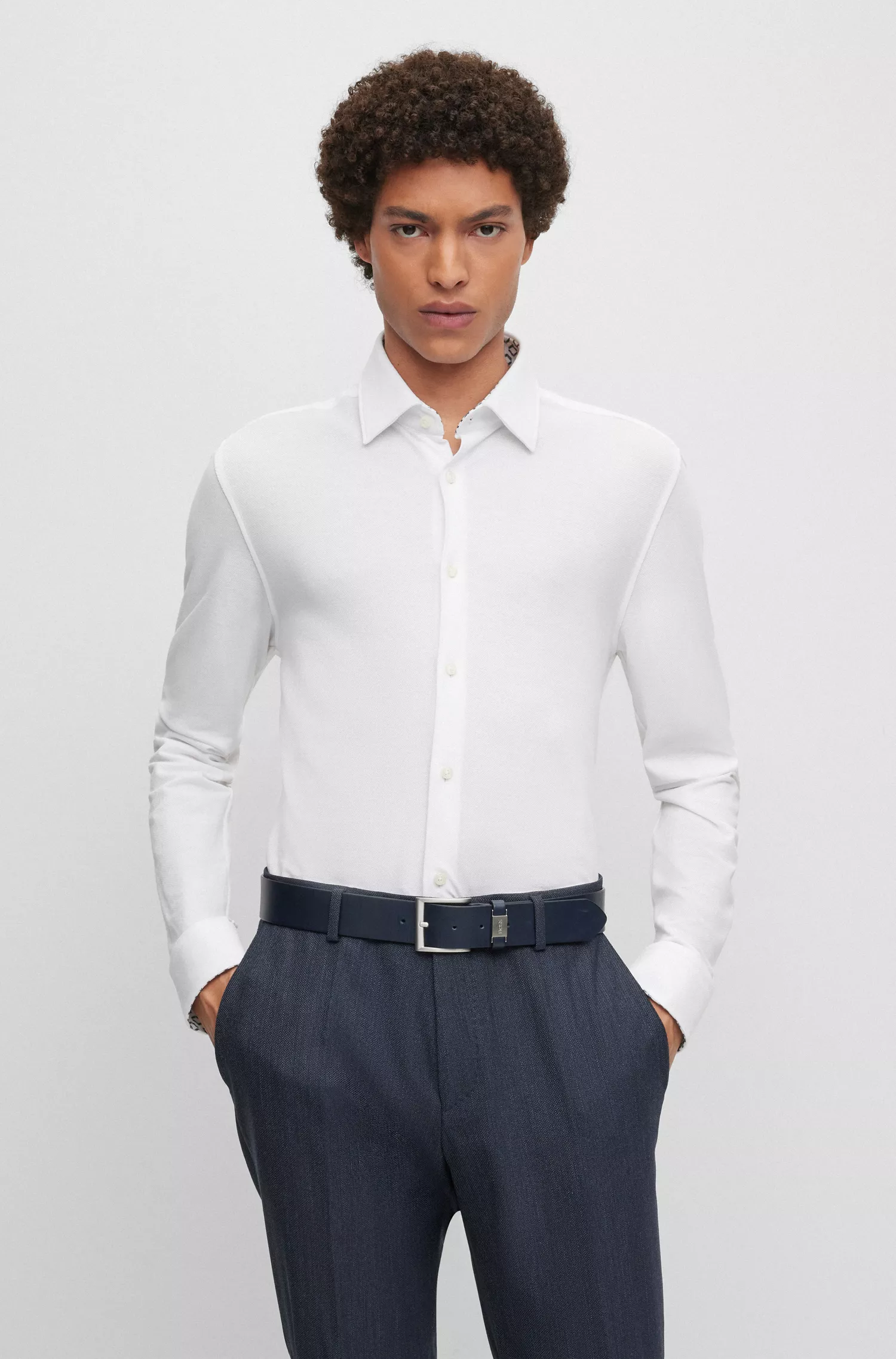 Camisa BOSS preta de corte regular em malha de algodão puro