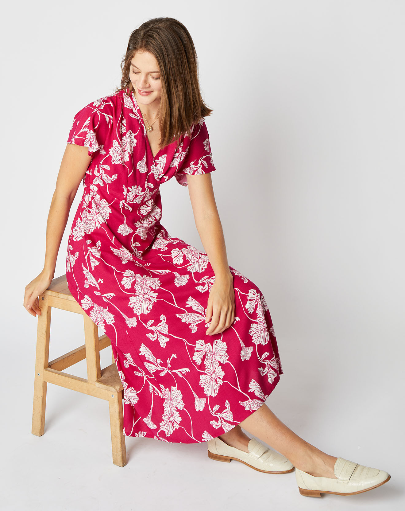 An'ge Robe mi-longue Camille cache-cœur framboise/blanc