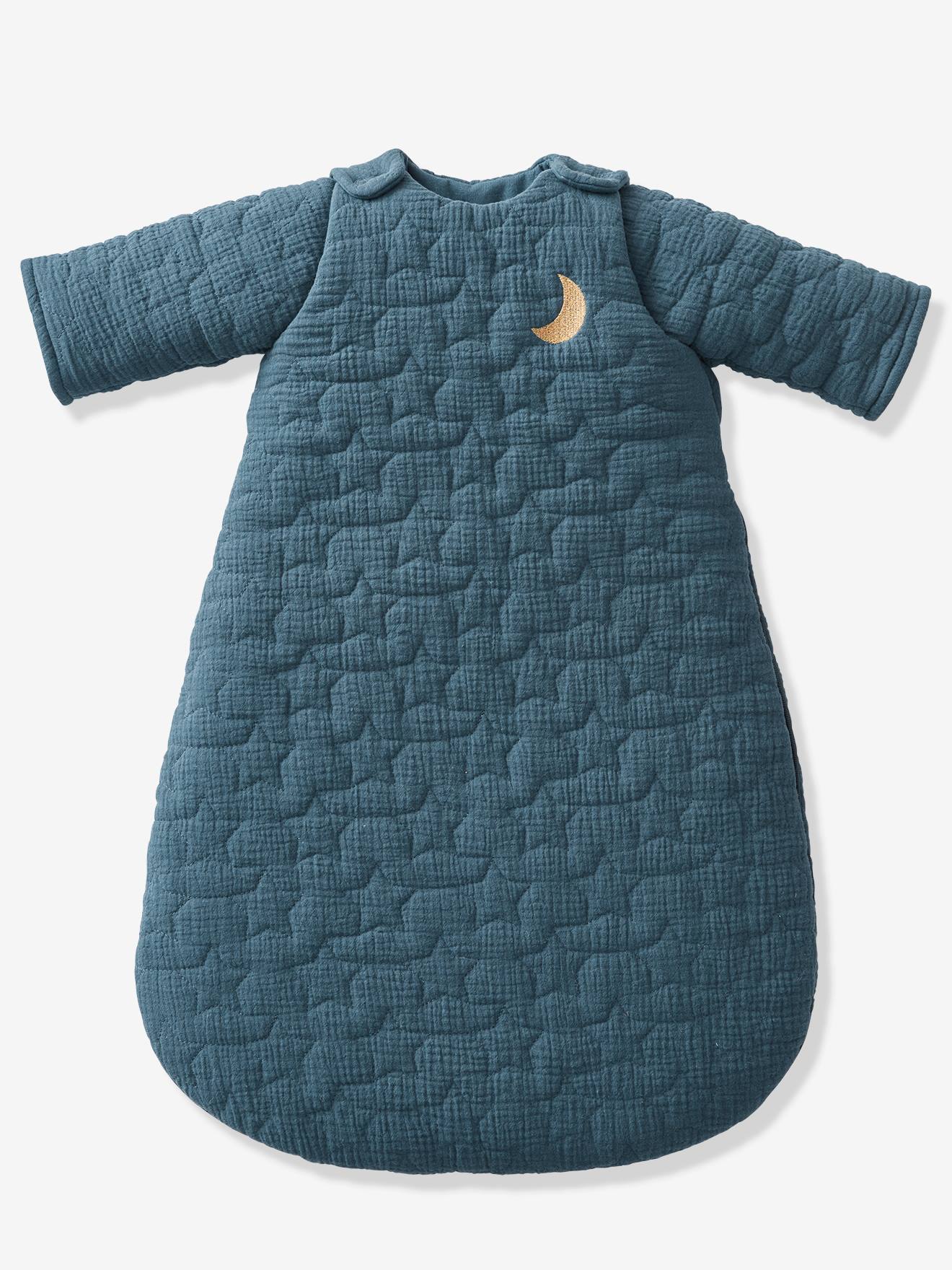Saco de dormir com efeito acolchoado e mangas removíveis, Nights of Sleep, algodão orgânico*, azul escuro liso com motivos.