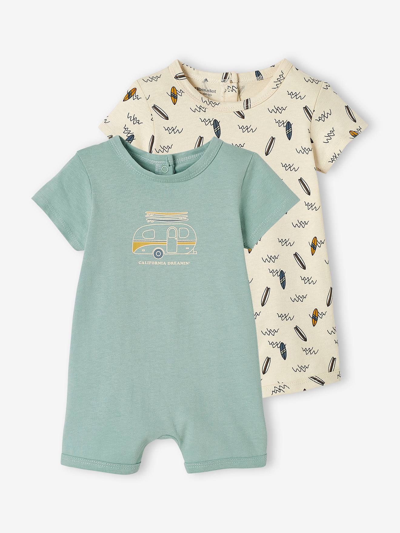 Conjunto com 2 pijamas curtos para bebê menino, cor verde médio bicolor/multicolorido, com certificação Oeko-Tex®.