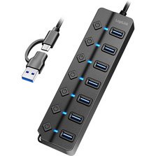 Hub USB 3.2, 7 ports, avec interrupteurs, noir